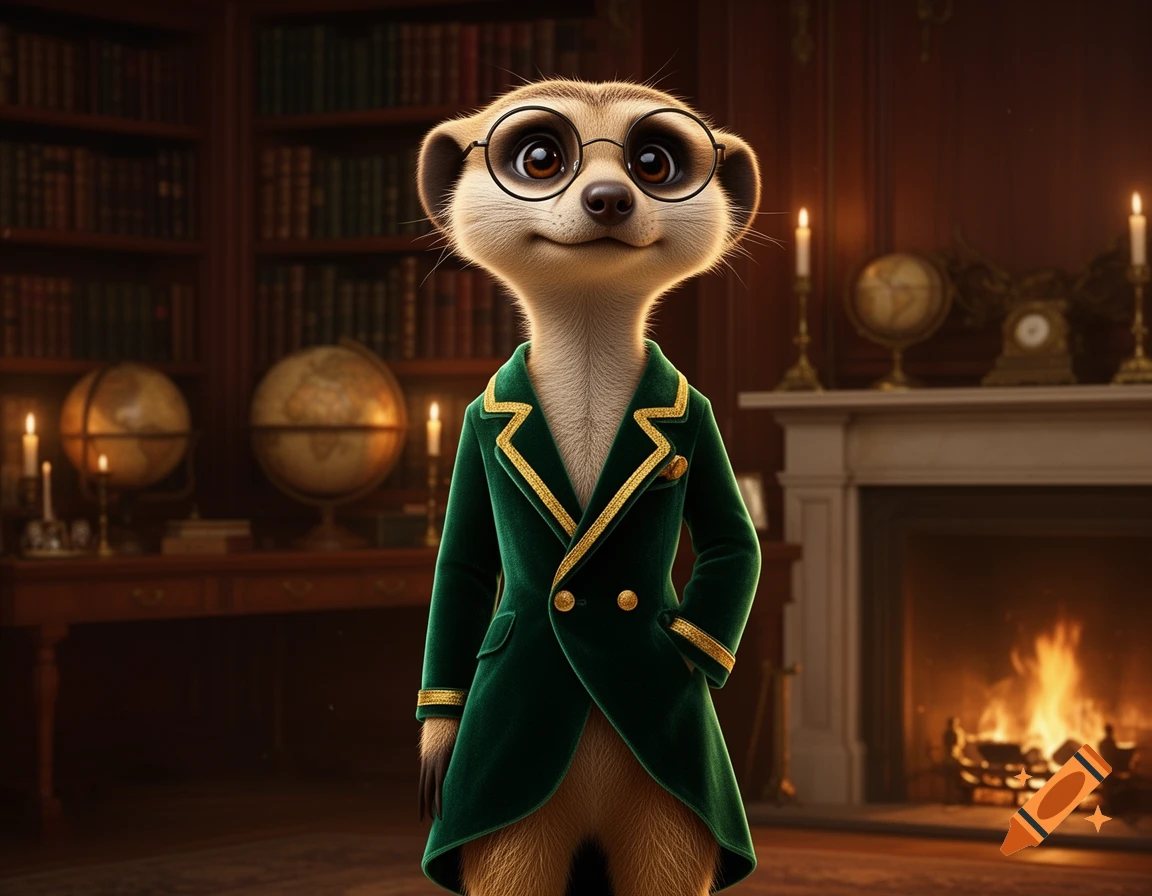 An anthropomorphic meerkat wearing glasses and a green velvet suit stands in a warmly lit library with a fireplace.