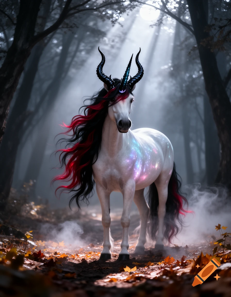 White unicorn with black devil horns, red and black mane, and sparkling body stands in a misty, sunlit forest with fallen leaves.