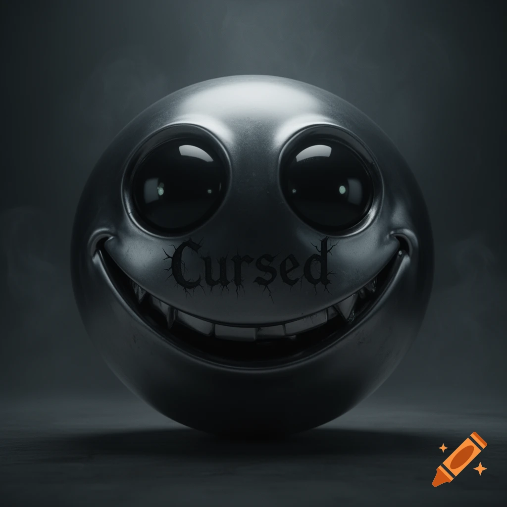 A dark, metallic smiley face with big black eyes and sharp teeth, with the word 'Cursed' on its forehead, against a smoky background.