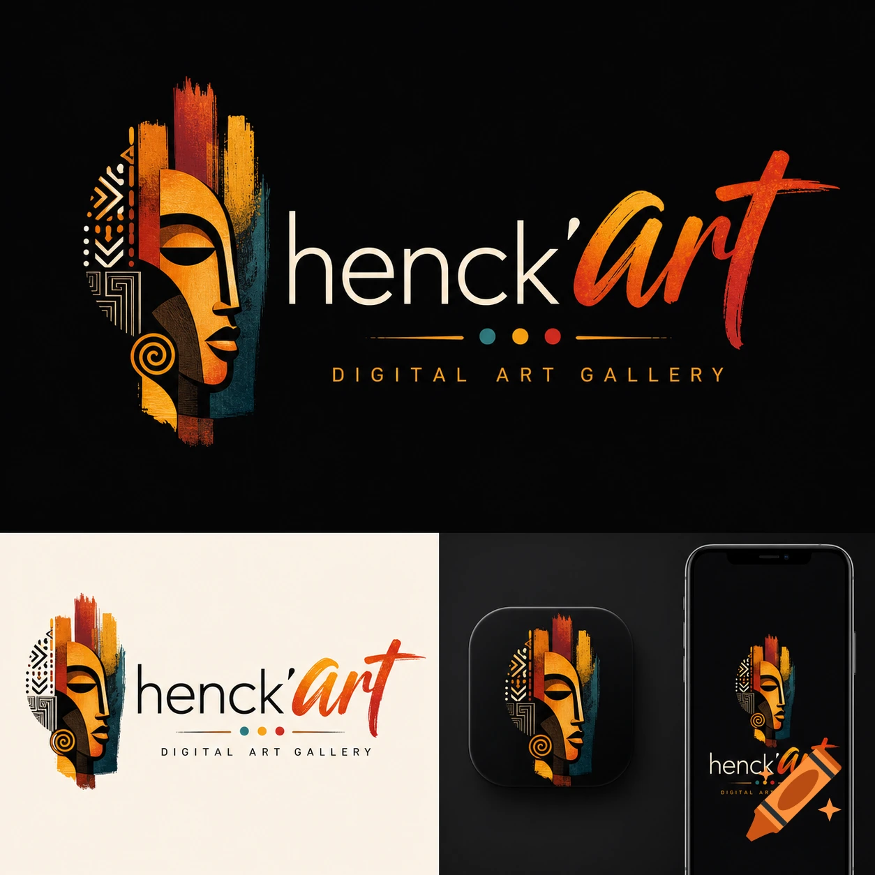 A vibrant logo for Henck'art Digital Art Gallery, featuring an abstract African mask profile with colorful brushstrokes and geometric patterns.