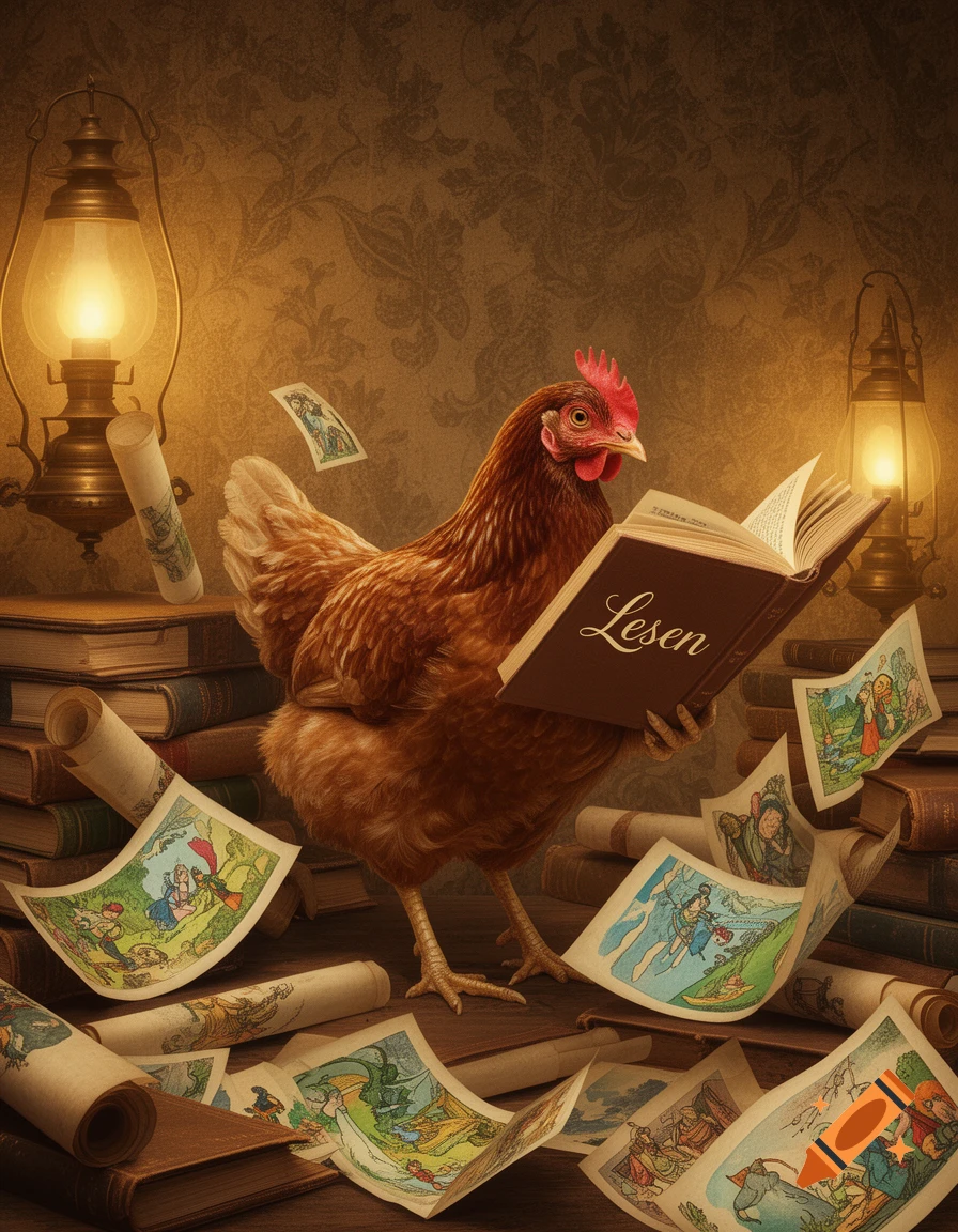 A photorealistic brown chicken stands on a table among books, reading a book titled 'Lesen' by the light of oil lamps, with illustrated papers flying around.