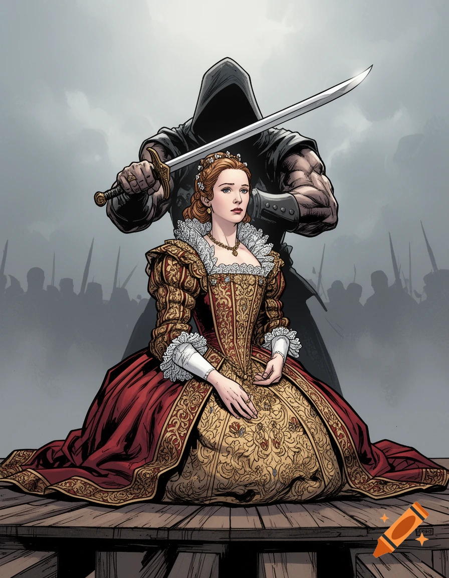 A woman in an elaborate Elizabethan gown kneels on a wooden platform, a hooded executioner with a raised sword behind her, in comic book style.
