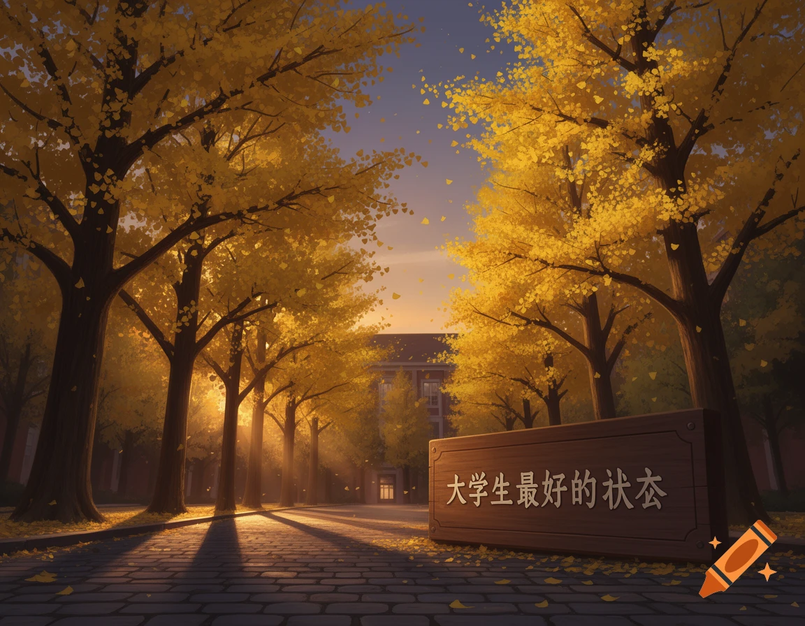 Golden ginkgo trees line a paved path towards a building at sunset, with a sign bearing Chinese characters and fallen leaves.