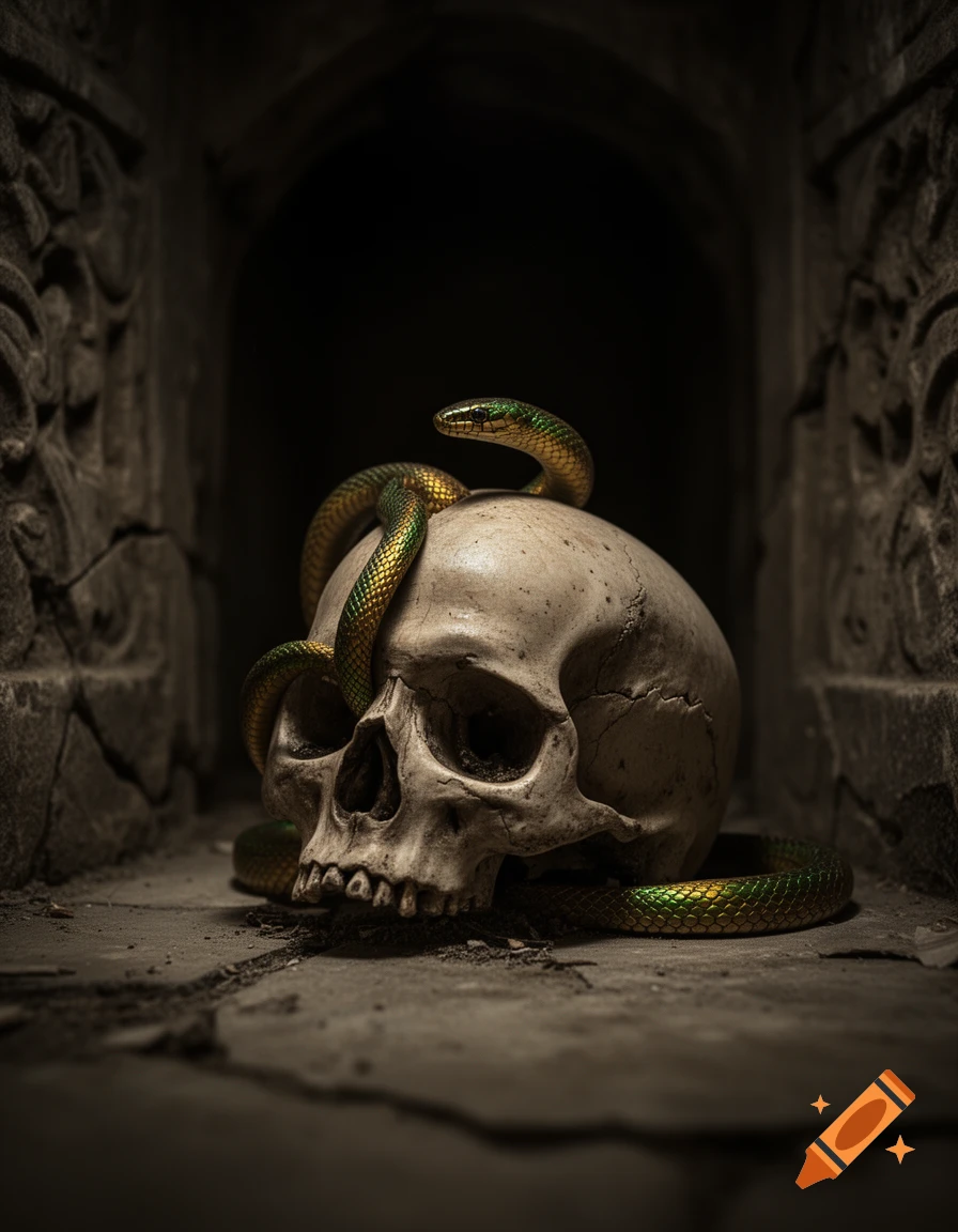 A photorealistic image of a golden-green snake coiled around a human skull in a dark stone crypt.