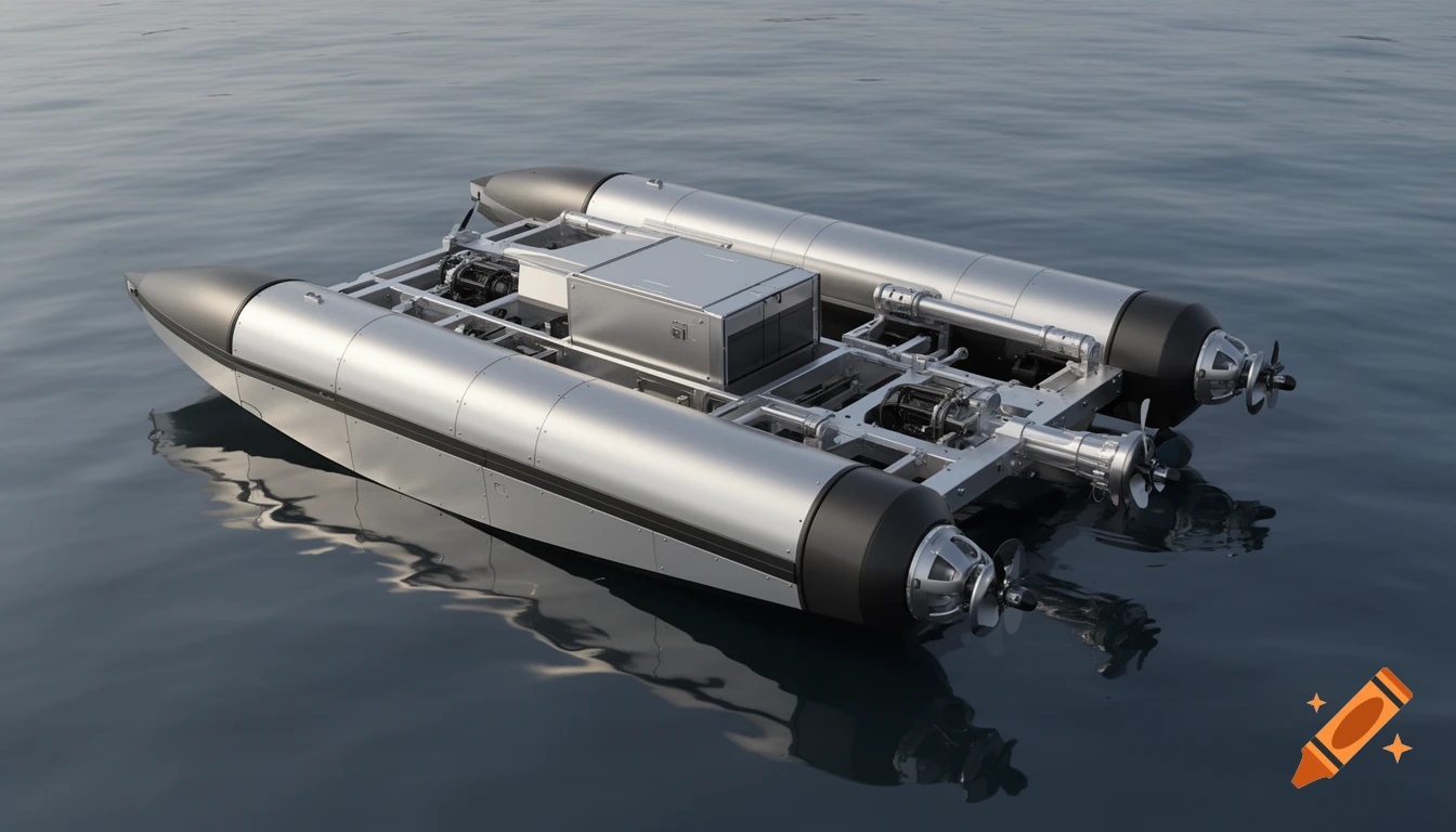 A highly detailed, realistic 3D render of a futuristic silver RC boat with a catamaran-inspired design, featuring cylindrical hulls and exposed internal frame, floating on calm water.