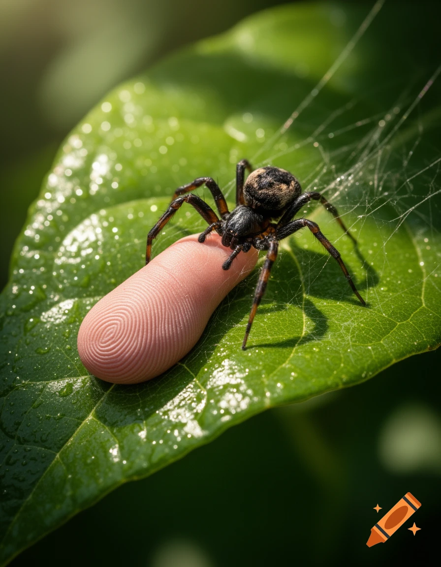 A large, dark spider stands on a pale human finger with a prominent, target-like fingerprint pattern, resting on a dewy green leaf.