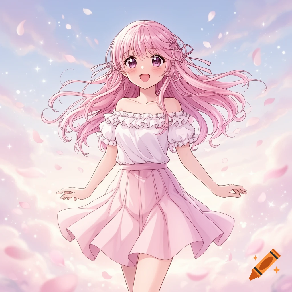 A smiling anime girl with long pink hair, wearing a white ruffled top and pink skirt, surrounded by falling petals and stars against a pastel sky.