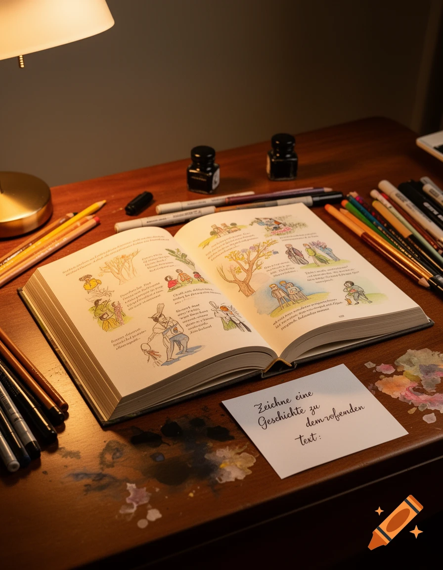 An open illustrated storybook and various art supplies like colored pencils, pens, and ink bottles on a wooden desk under a lamp.