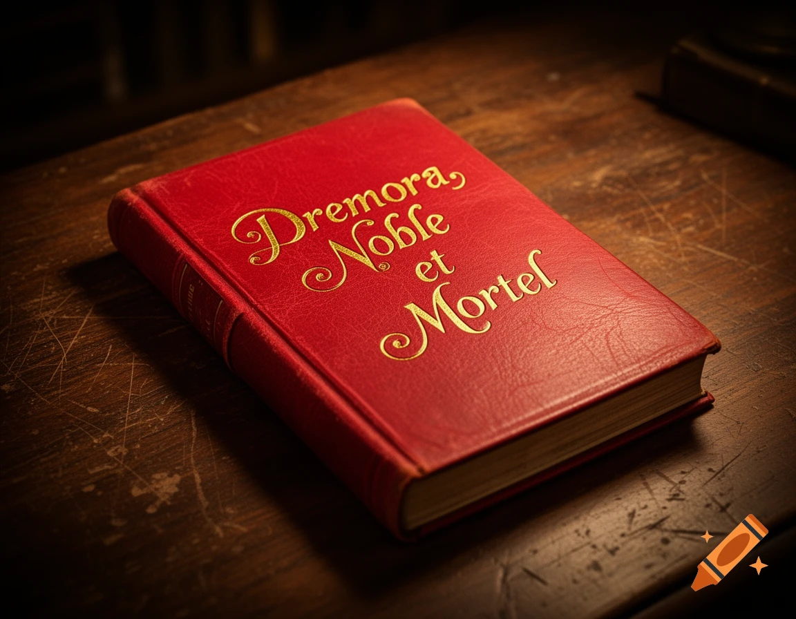 A bright red old book with gold lettering "Dremora, Noble et Mortel" on a dark wooden table.