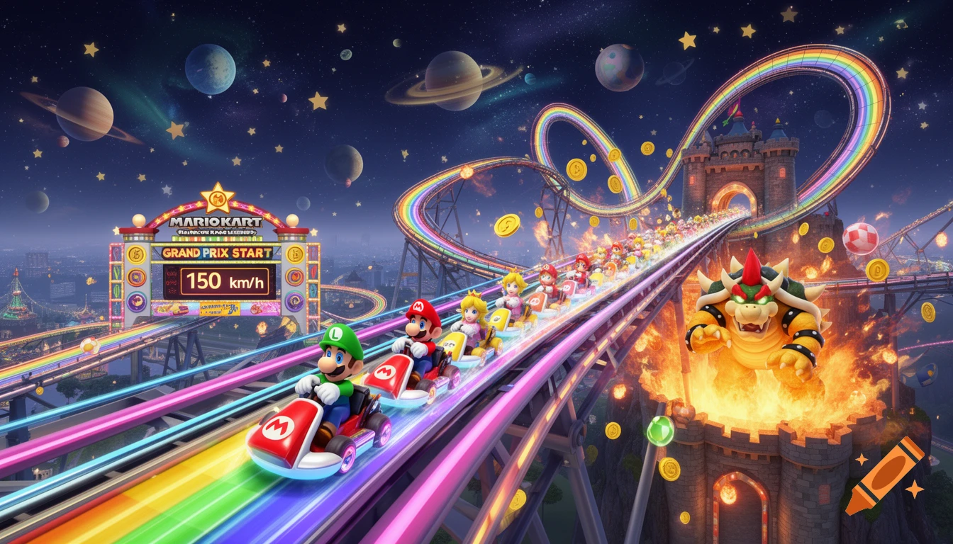 Colorful Mario Kart-themed rollercoaster with Mario, Luigi, and Peach racing on a Rainbow Road in space past Bowser's castle.