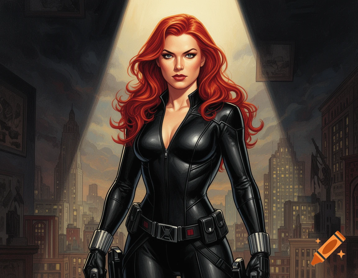 Black Widow, a red-haired woman in a black suit, stands against a city skyline in comic art style.