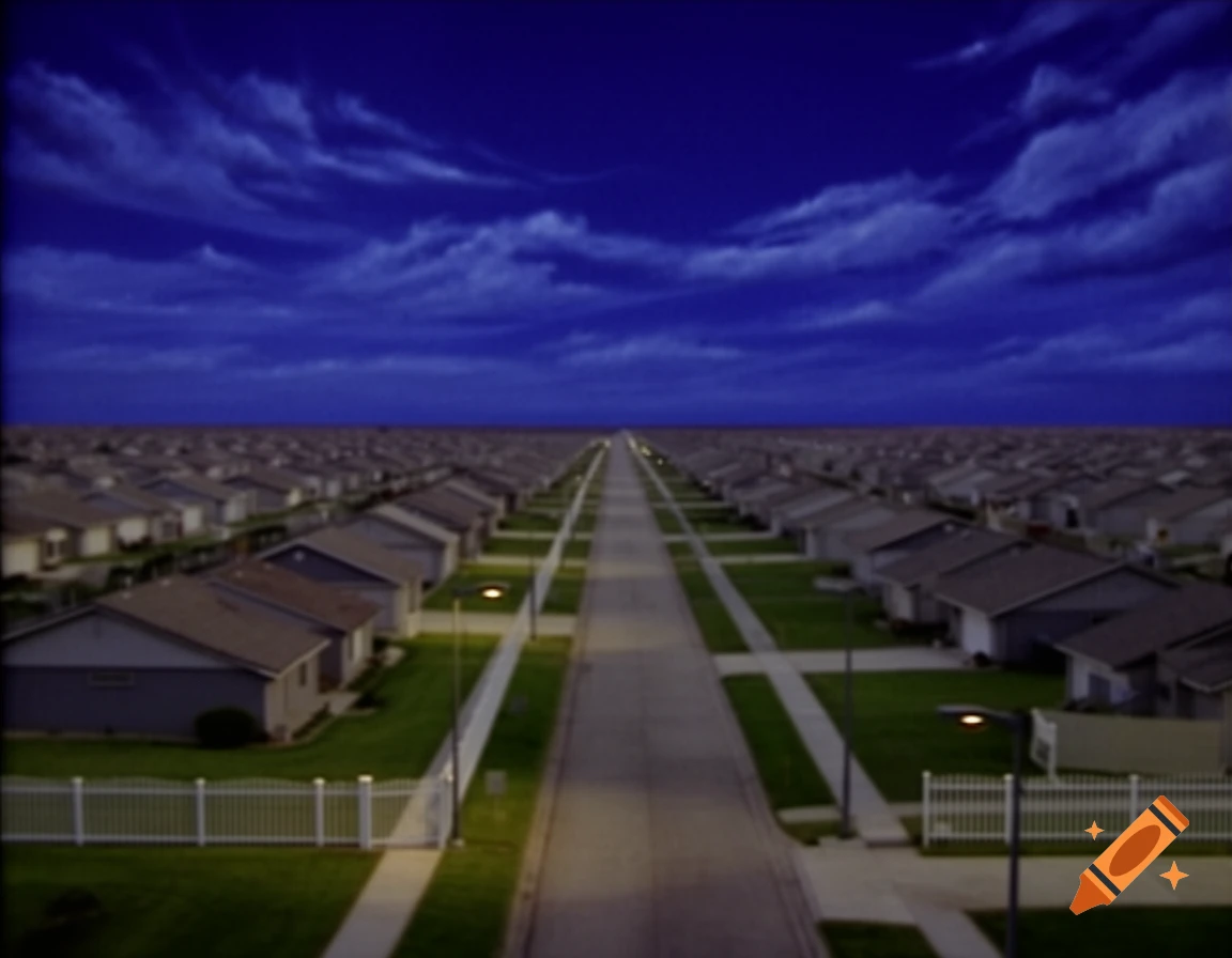 An endless street lined with identical suburban houses under a dark blue, cloudy sky, in an early 2000s low-quality photo style.