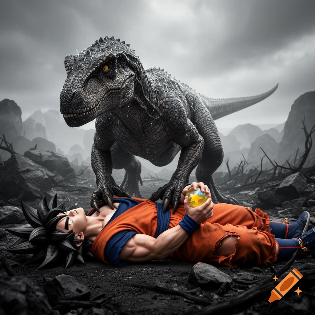 A large, dark Indoraptor stands over a fallen Goku, who holds a four-star Dragon Ball on a desolate, rocky landscape.