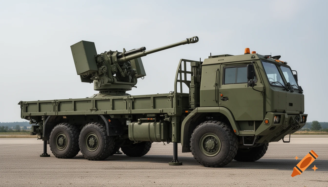 A photorealistic side view of an olive-green modular military truck with an 8.8 cm anti-aircraft gun mounted on its flatbed, parked on an airfield under a clear sky.