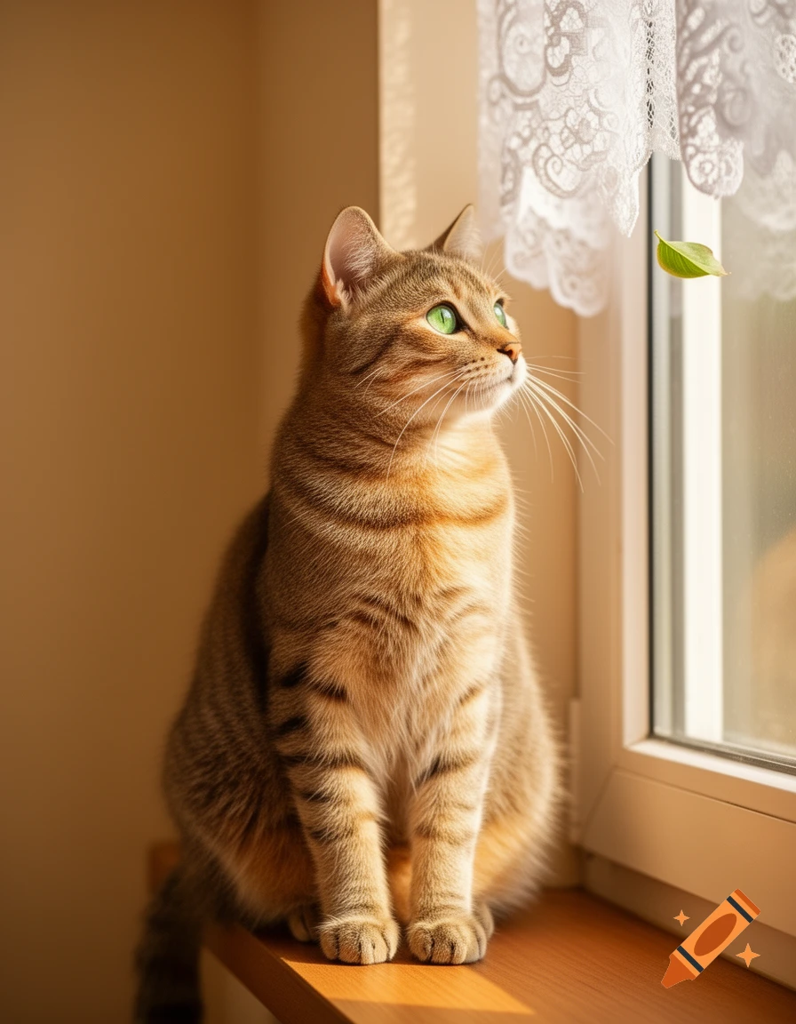 A photorealistic tabby cat with green eyes sits on a sunlit windowsill, looking up at a floating green leaf near a lace curtain.
