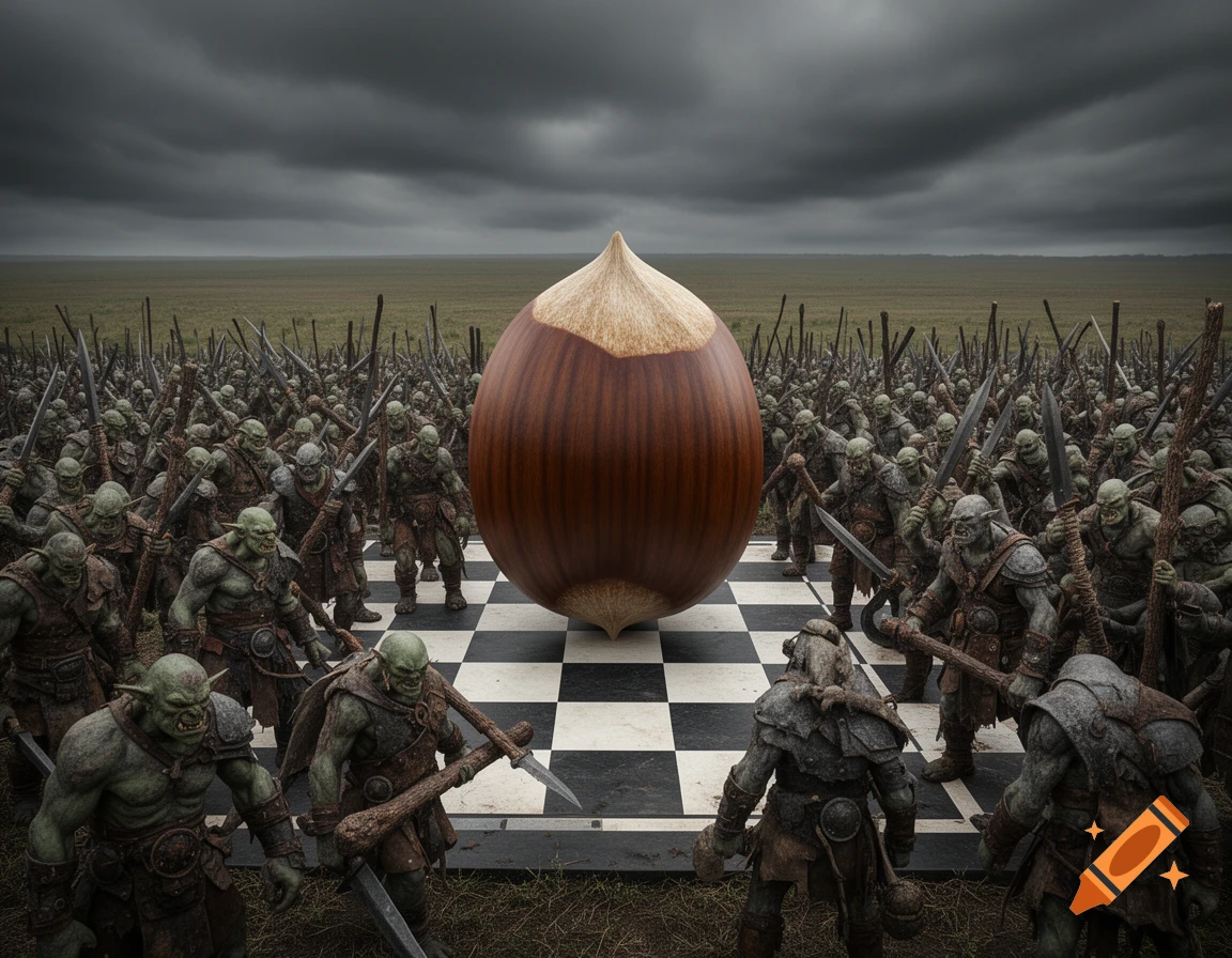 A giant chestnut stands on a chessboard surrounded by an army of armed orcs and goblins in a vast field under a dark, stormy sky.