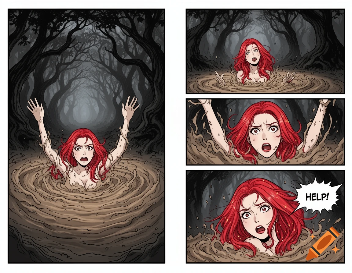 An anime comic strip showing a red-haired woman sinking in quicksand in a dark forest, calling for help.