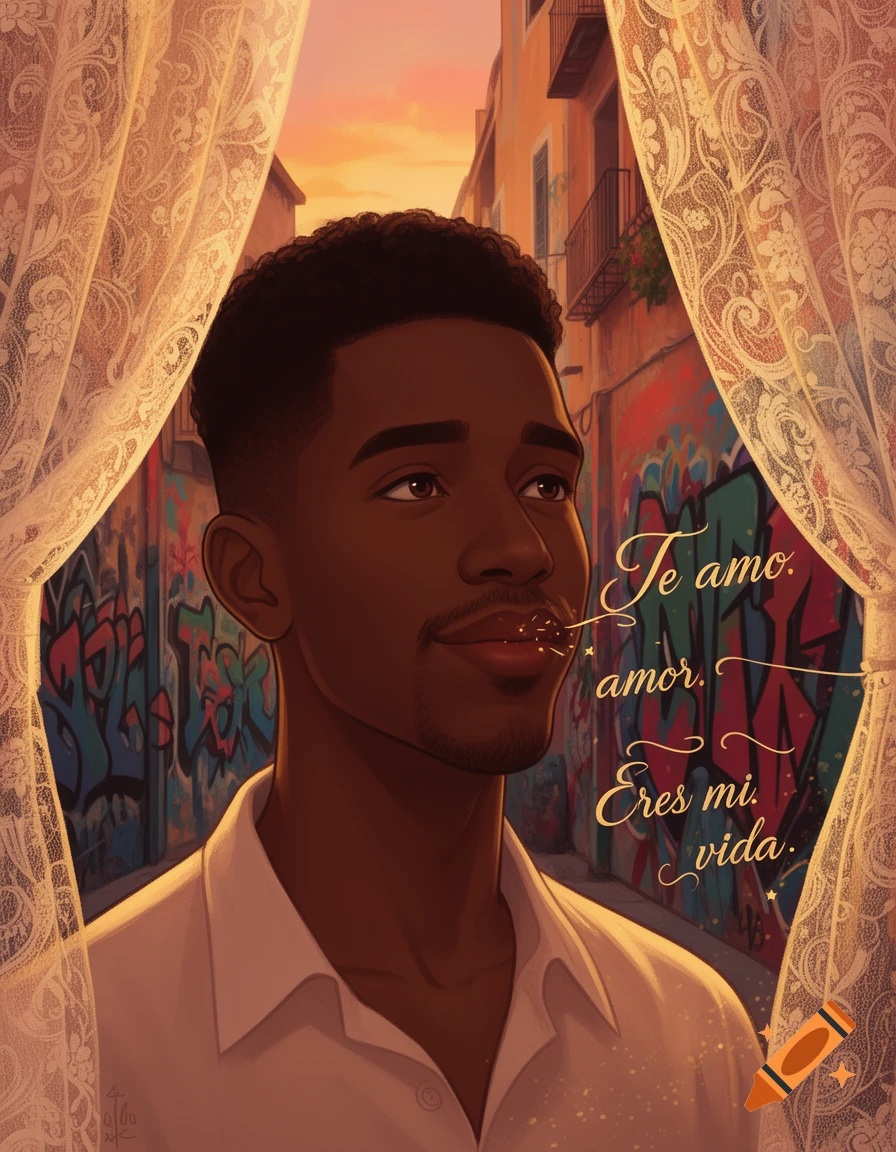Illustration of a Black man looking out a window, glowing Spanish words of love float next to him. A city street with graffiti visible.