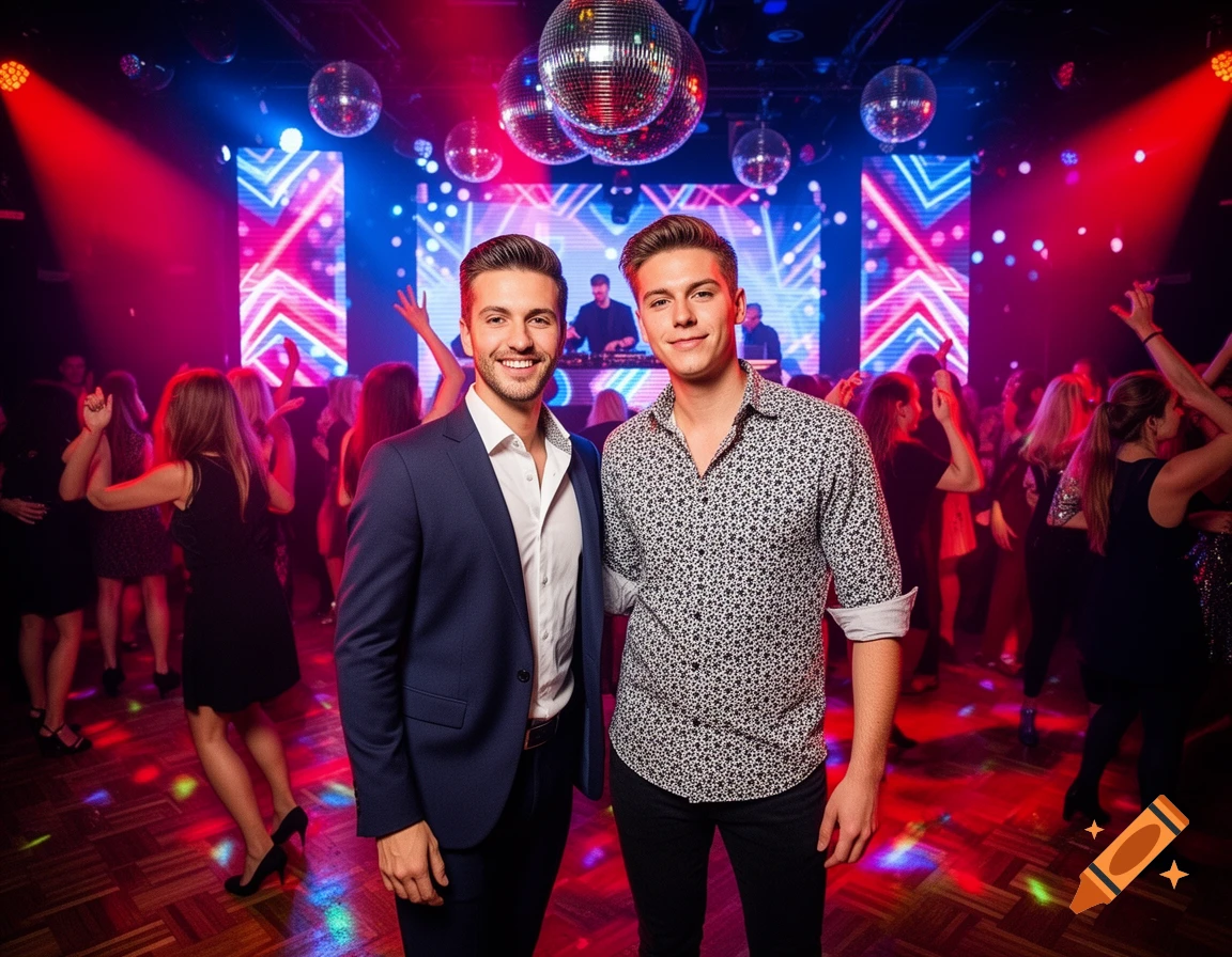 Two young men pose at a vibrant disco party with dancing people, disco balls, and colorful lights.