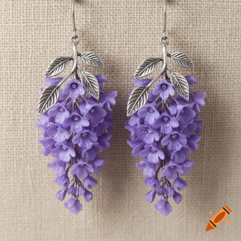 A pair of purple jacaranda flower earrings with silver leaf accents, hanging against a beige textured background.
