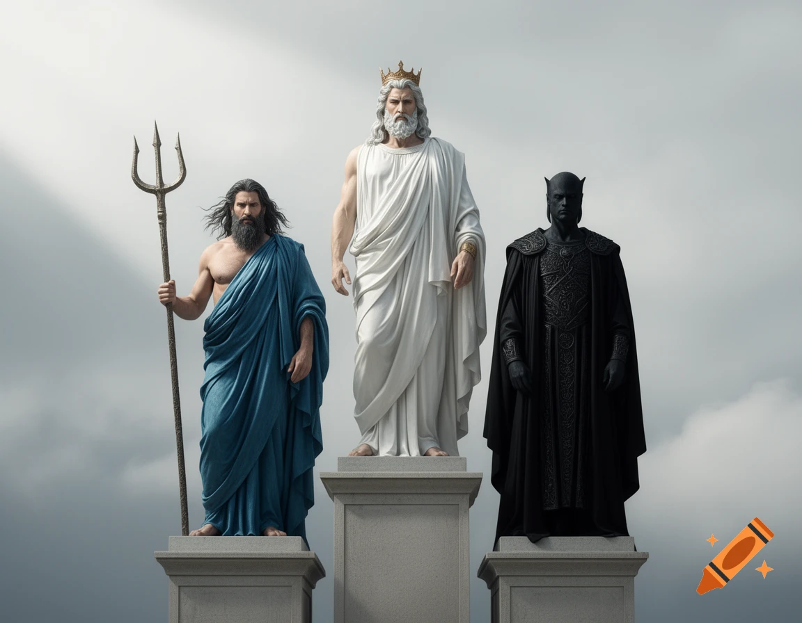 Three statues of gods: Zeus in a white robe and crown, Poseidon in a blue robe with a trident, and Hades in black with horns, standing on pedestals against a cloudy sky.