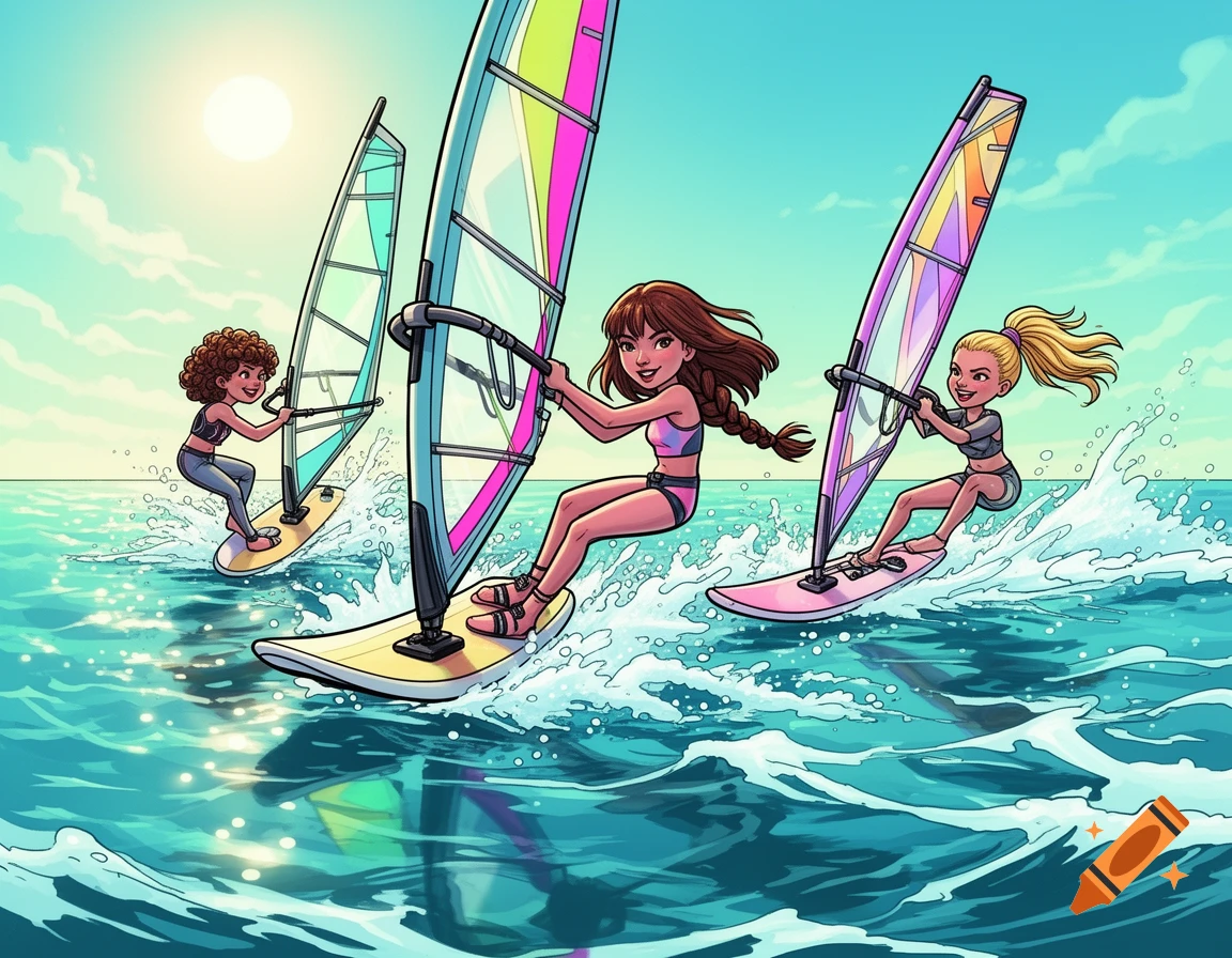 Three girls windsurfing on a sunny ocean, rendered in a vibrant comic art style.
