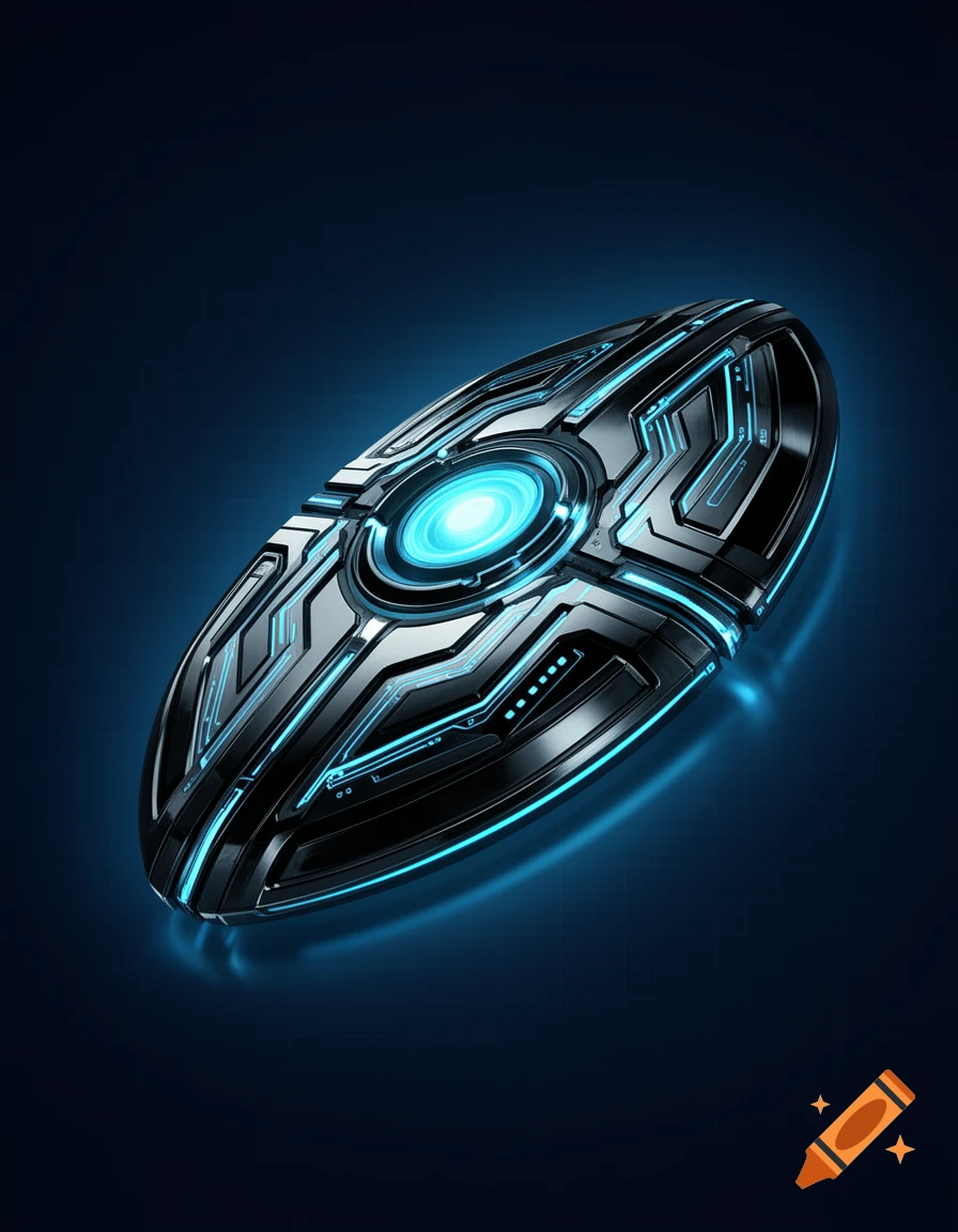 A sleek, dark metallic futuristic technology component with glowing blue circuits and a central light, inspired by Tron Legacy.