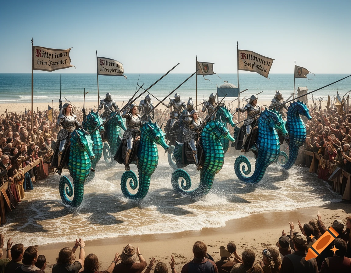 Women in gleaming armor ride large blue-green seahorses from the ocean onto a sandy beach, cheered by a large crowd.