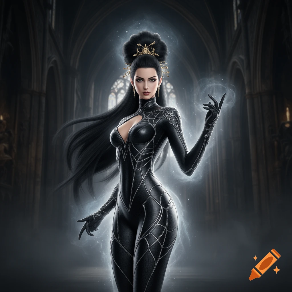 A stylized, long-haired woman with dark makeup, wearing a form-fitting black suit with a silver spiderweb design, standing in a dark, gothic cathedral while conjuring a magical aura.
