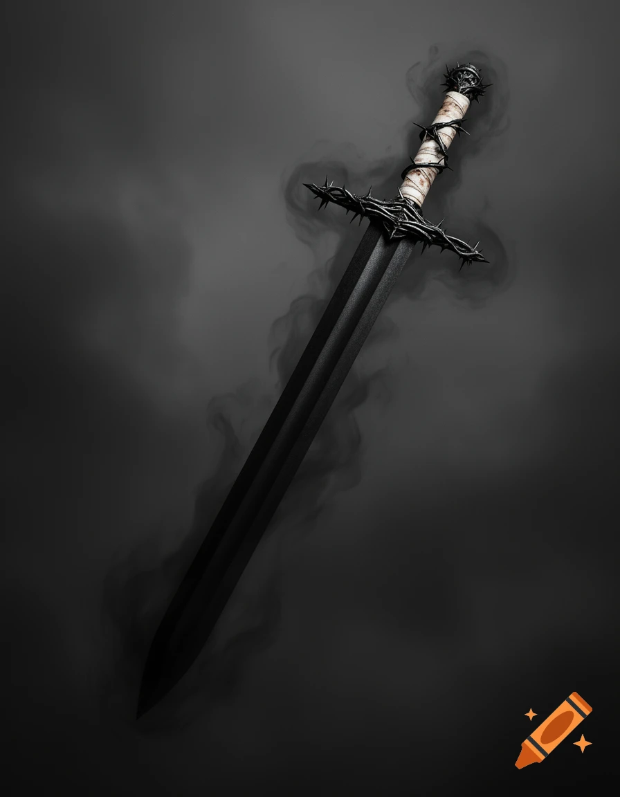 A menacing black-bladed sword with a thorn-wrapped hilt emanates dark smoke against a shadowy background.