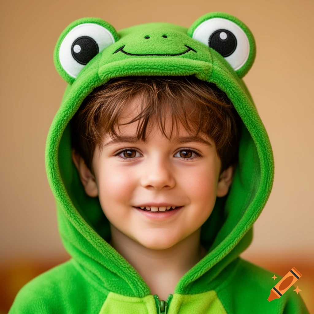 A smiling young boy with brown hair, wearing a green frog onesie with cartoon frog eyes and mouth on the hood.