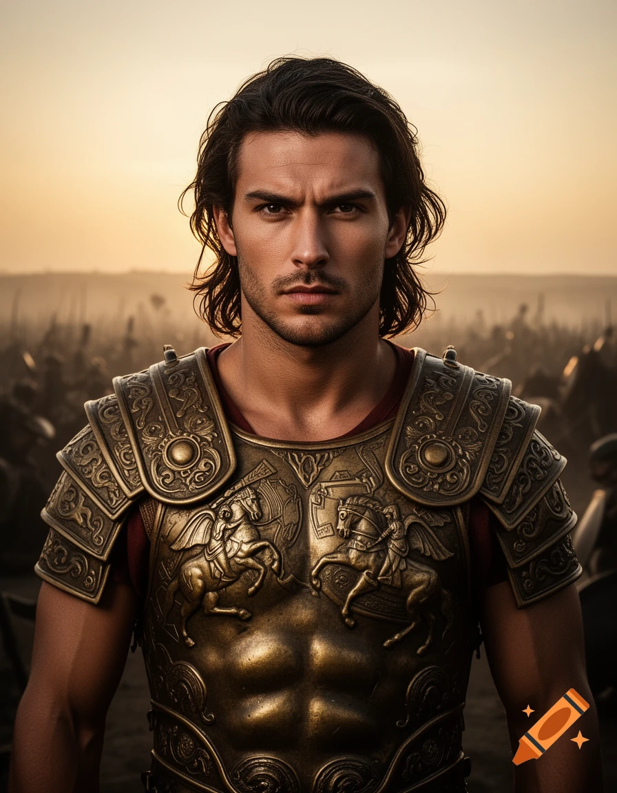 A man in ornate golden Roman-style armor looks intensely forward, with a blurred battlefield at sunset in the background.