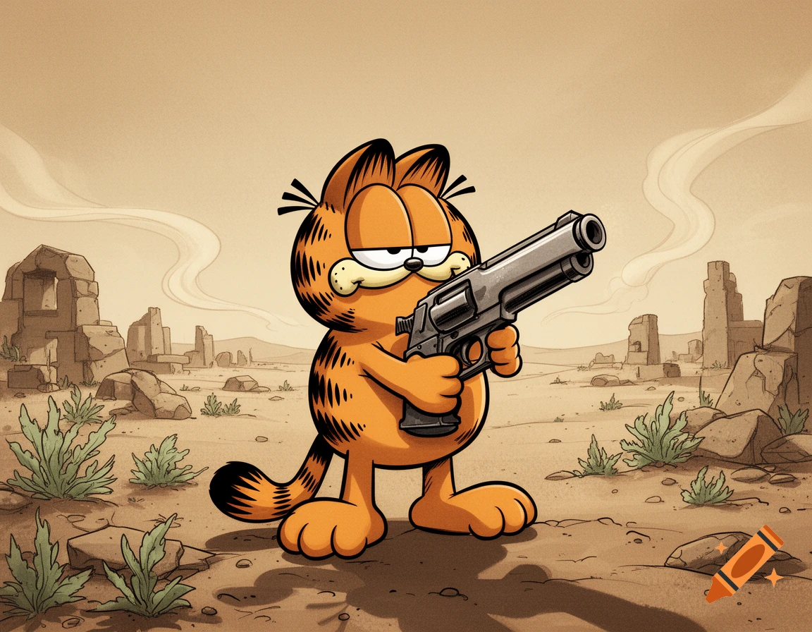 Cartoon Garfield holding a large revolver in a desert landscape with ancient ruins.