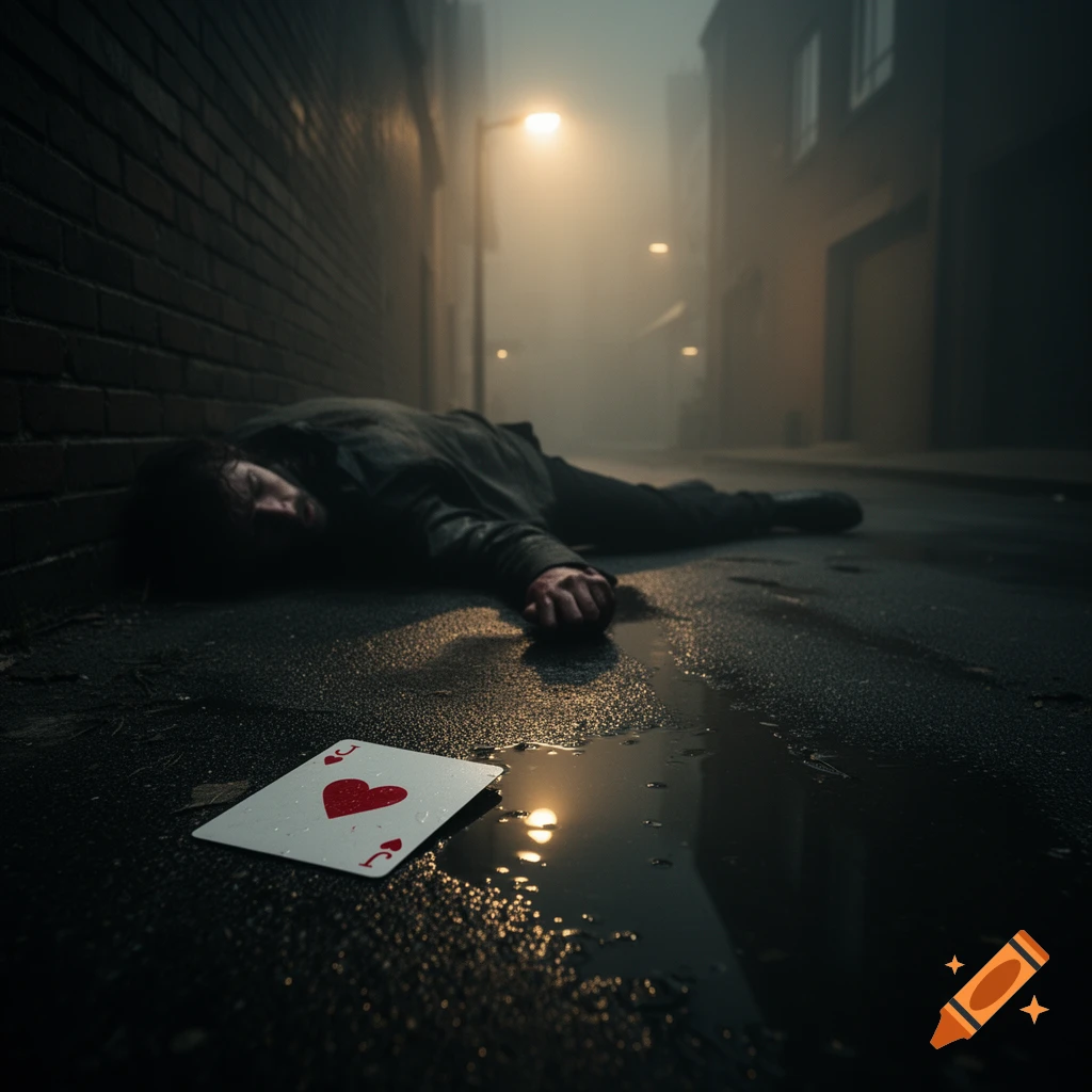 A person lies face down in a dark, wet alley next to a Jack of Hearts playing card, under a misty streetlamp.