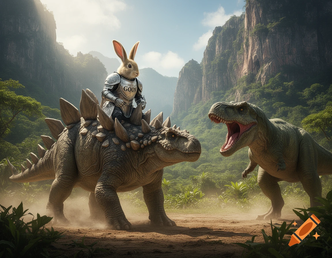 A rabbit in knight armor rides a Stegosaurus, facing off against a roaring Tyrannosaurus in a prehistoric jungle valley. The rabbit's armor has "GOON" inscribed on it.