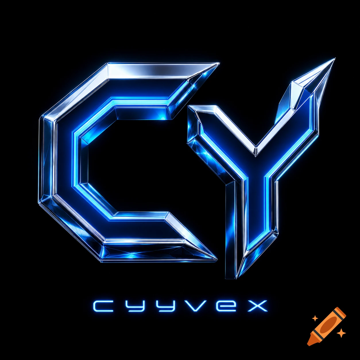 A futuristic gaming logo with chrome C and Y letters, glowing blue, above the word 'cyyvex' on a black background.