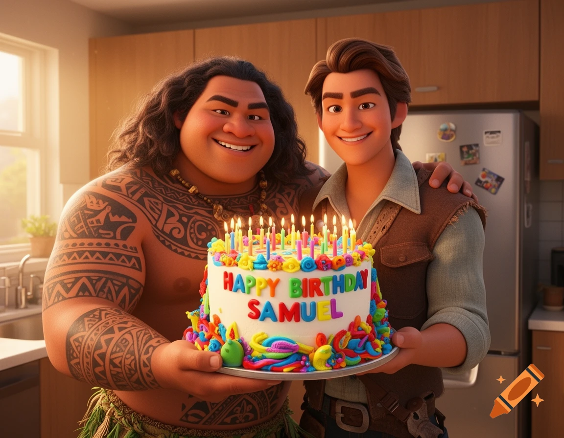 Animated Maui and Flynn Rider smiling, holding a colorful birthday cake with 'Happy Birthday Samuel' in a kitchen.