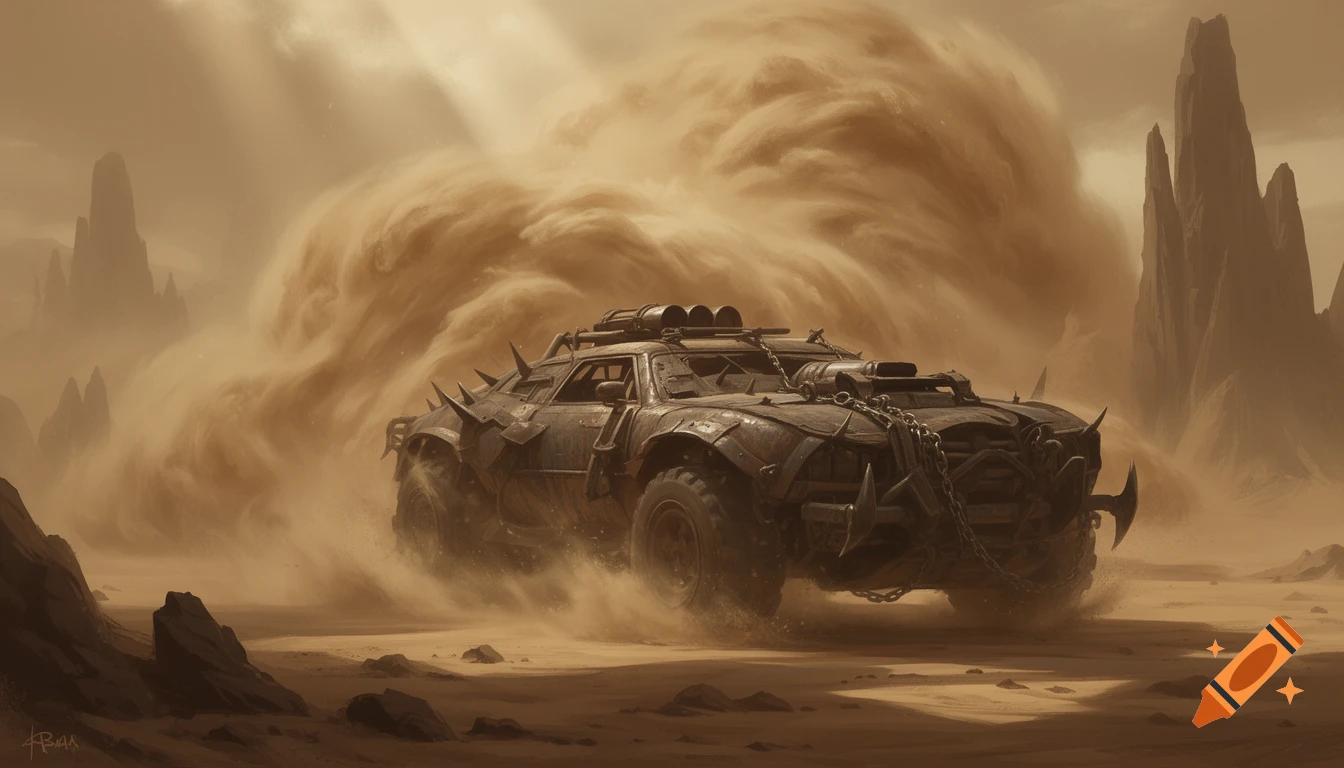 An armored, spiked Mad Max-style car drives through a massive desert sandstorm.