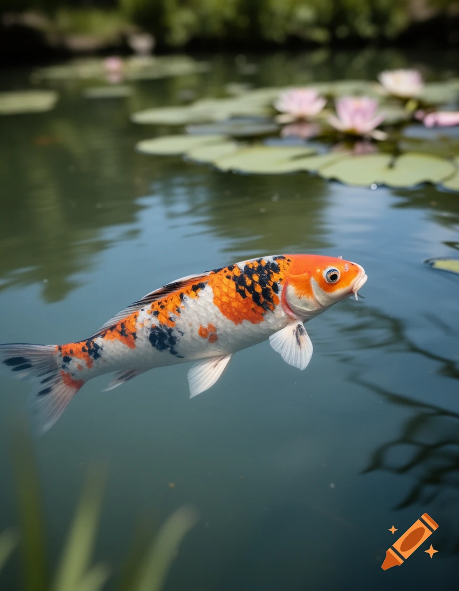 A vibrant orange, black, and white koi fish swims in a pond with green lily pads and pink water lilies.
