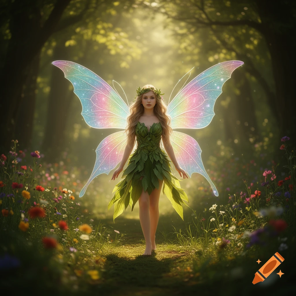A beautiful fairy with long blonde hair and iridescent, sparkling wings walks barefoot on a sunlit forest path amidst wildflowers, wearing a green leaf dress.