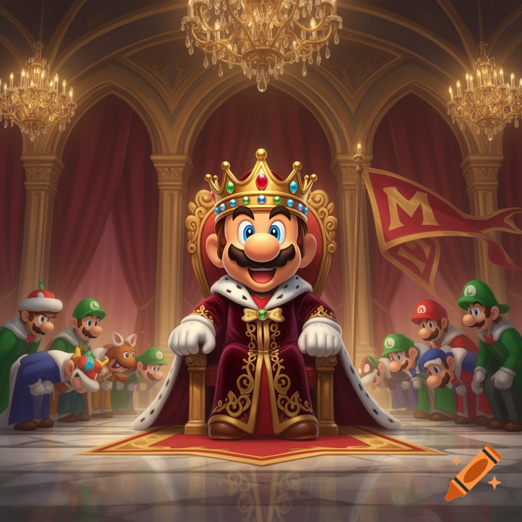 King Mario sits on a gilded throne in a grand hall, wearing a red and gold robe and crown, as Luigi and other characters bow before him.