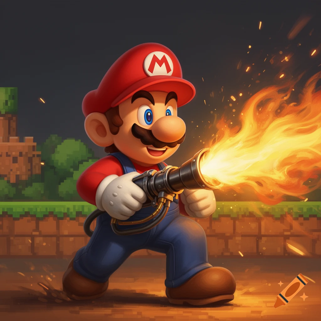Stylized image of Mario in overalls and a red hat, happily firing a flamethrower with a vibrant orange flame, against a pixelated background.
