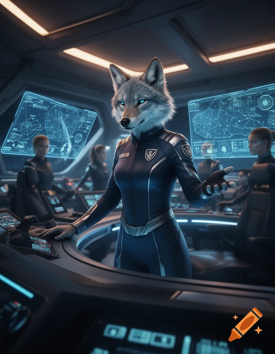 A photorealistic female anthropomorphic wolf in a sci-fi commander uniform stands in a futuristic spaceship cockpit.