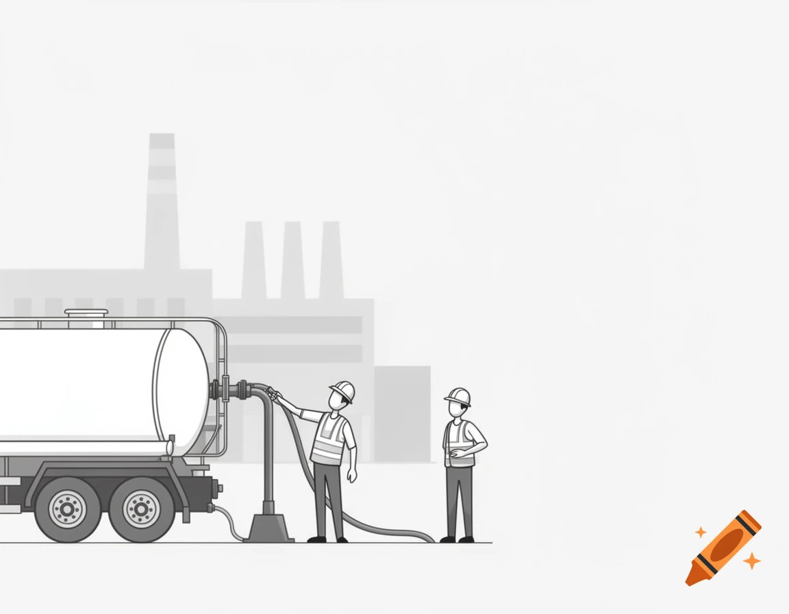 A grayscale minimalistic illustration shows two workers with a chemical tank truck in front of a factory.
