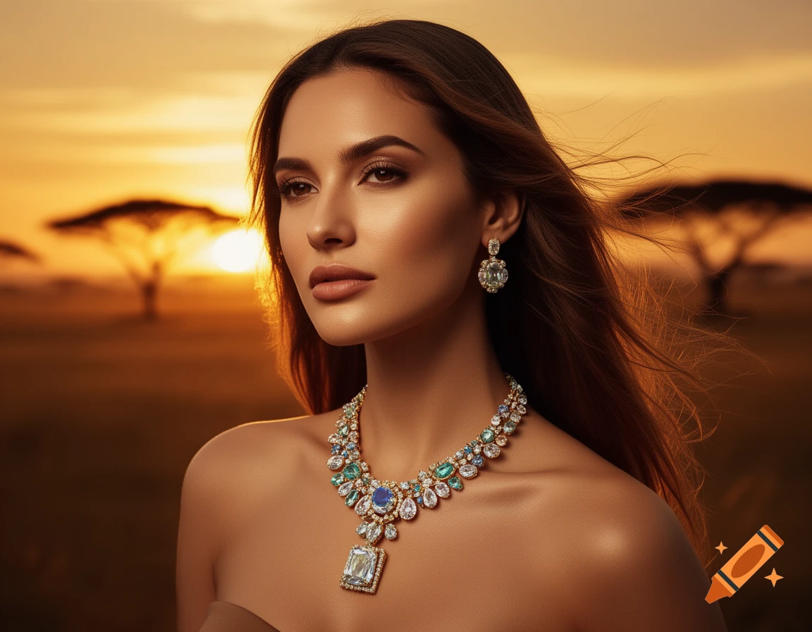 Photorealistic image of a woman in an elegant pose, wearing an ornate gemstone necklace and earrings, against an African safari sunset.