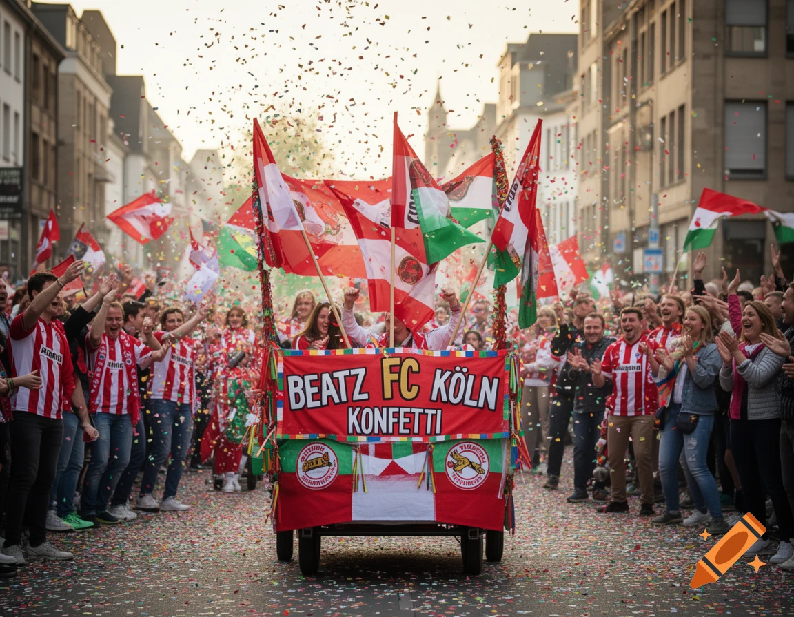 A lively photorealistic street parade with a cart draped in 'BEATZ FC KÖLN KONFETTI' banners, surrounded by cheering crowds in red and white jerseys under a shower of colorful confetti.