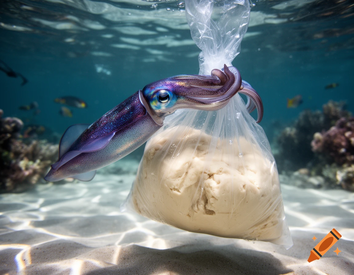 A colorful squid holds a clear plastic bag full of dough underwater, with sunlight reflecting on the sandy bottom and coral in the background.