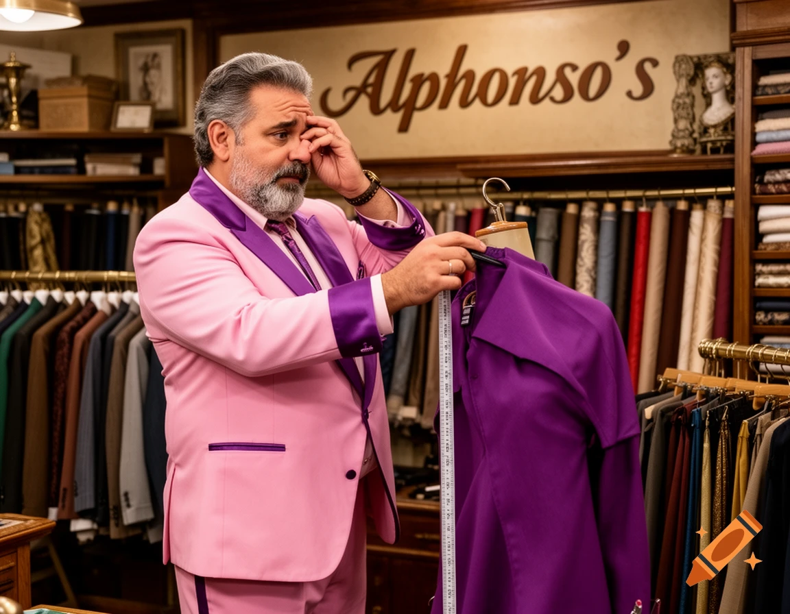 A man in a pink and purple suit measures a purple garment on a mannequin in a tailor shop.