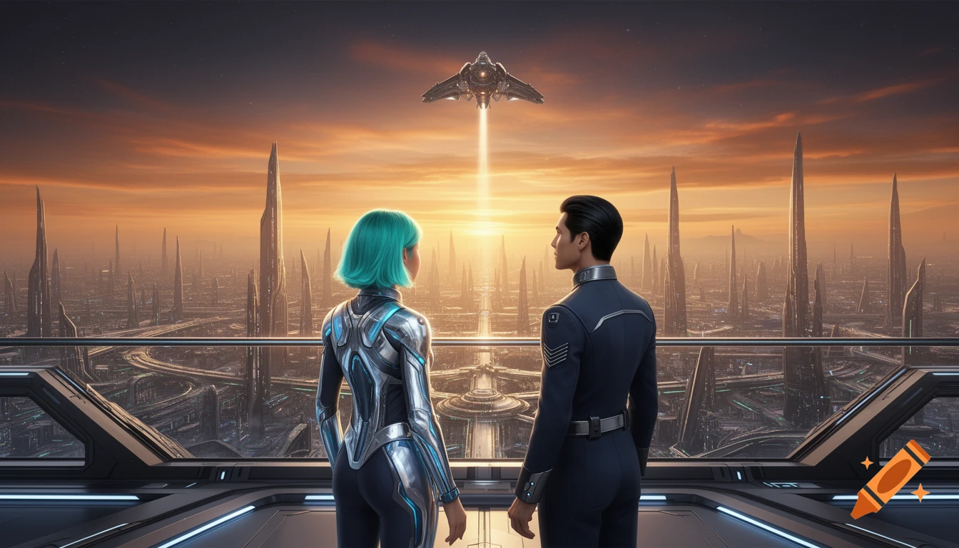 Two people observe a futuristic city with tall spires at sunset, as a spaceship ascends into the sky.