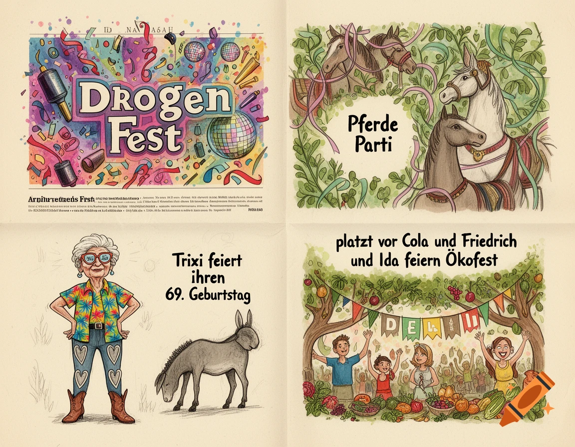 A colorful cartoon newspaper page with four sections: a 'Drogen Fest' with disco balls, horses for 'Pferde Parti', an old woman 'Trixi' with a donkey, and people celebrating an 'Ökofest'.